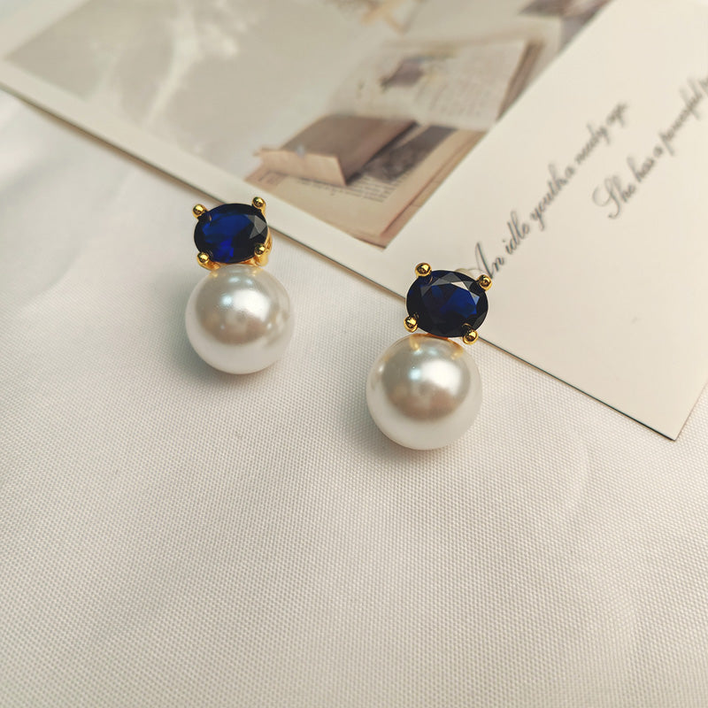 18K Gold Plated Hypoallergenic Pearl Drop Earrings with Blue Sapphire - Elegant Statement Jewelry