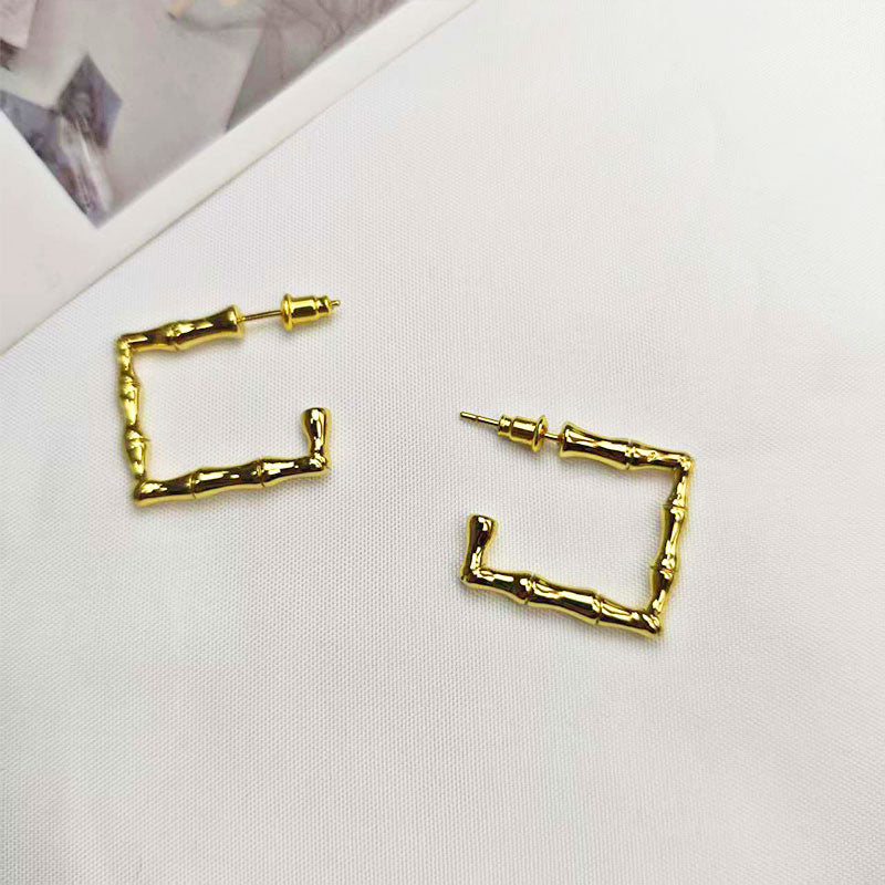 18K Gold Plated Bamboo Square Hoop Earrings - Hypoallergenic Geometric Design