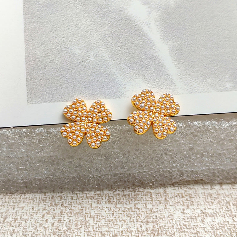 Elegant 18K Gold Plated Pearl Earrings - Four Leaf Clover Studs | Hypoallergenic Luxury Jewelry