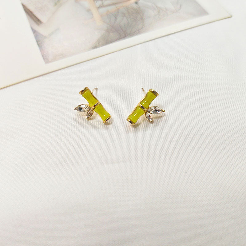 18K Gold Plated Bamboo Leaf Stud Earrings - 5A Zirconia Enamel Coating Hypoallergenic