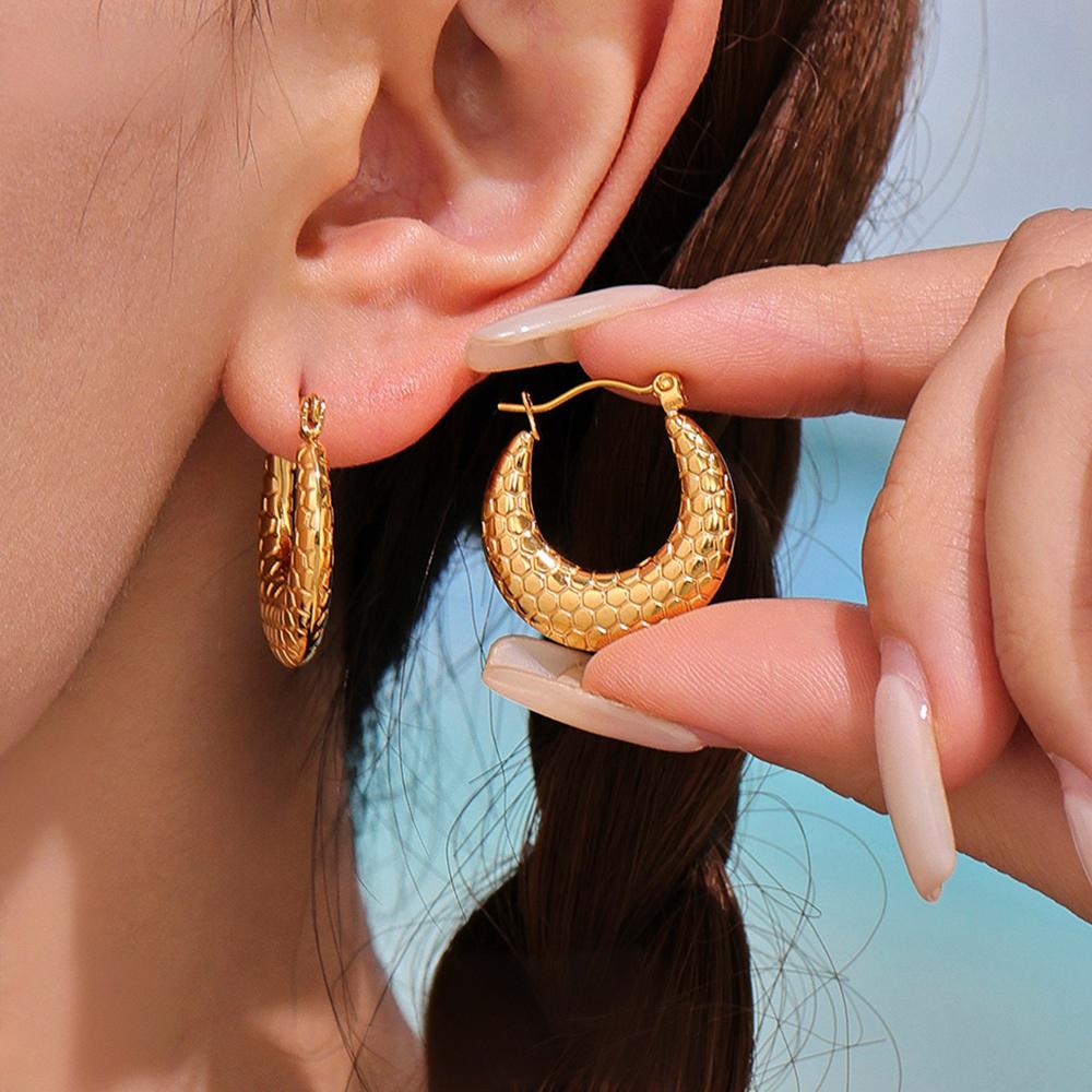 18k Gold Plated Non Fading Fish Scale Pattern Circle Earrings, Fashionable All-Occasion Wearables: Anti-Allergy, Waterproof, Commuting Steel Earrings