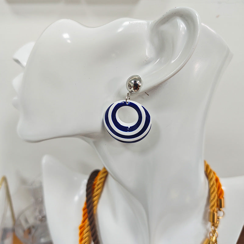 Silver Plated Striped Circle Drop Earrings - Hypoallergenic Enamel Coating Dangle Earrings