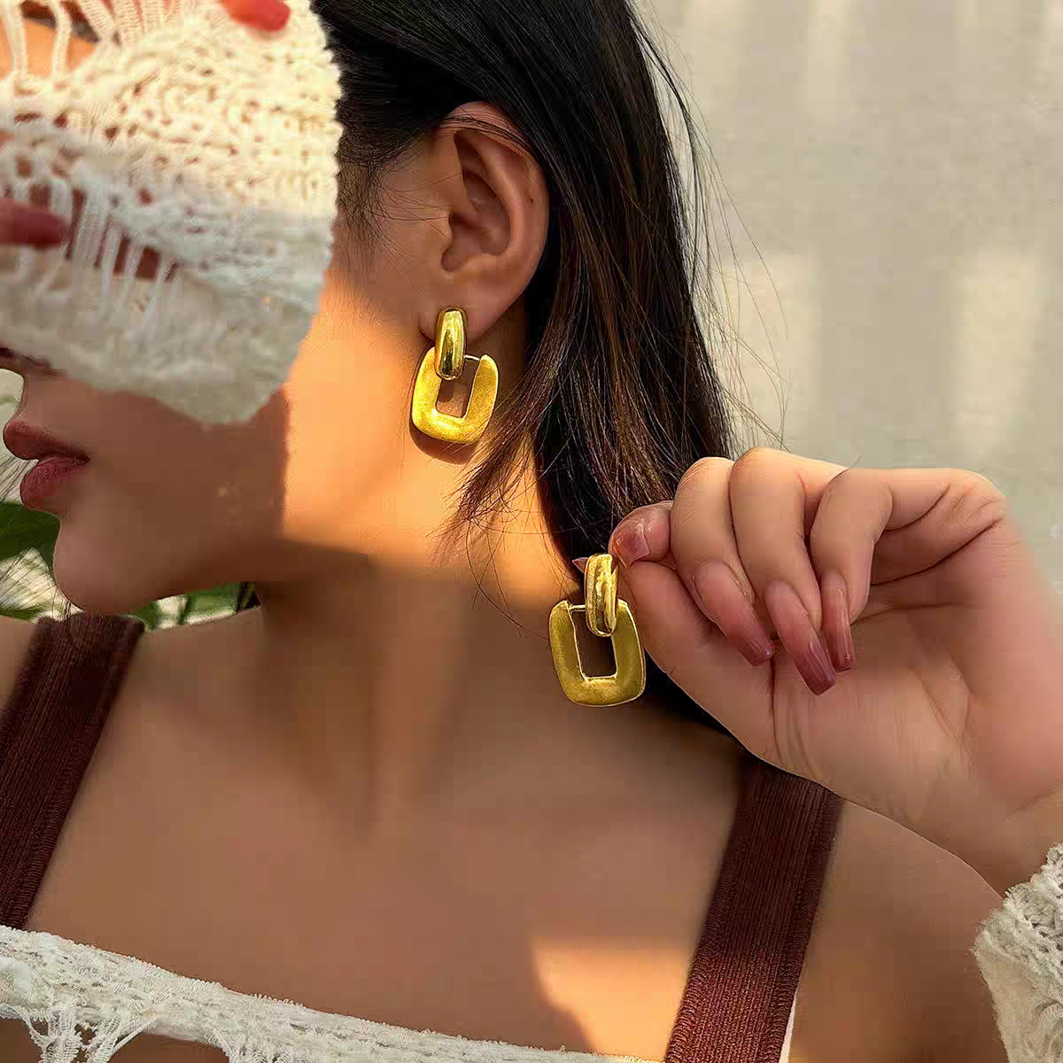 18K Gold Plated Linked Rectangle Earrings - Hypoallergenic Geometric Design