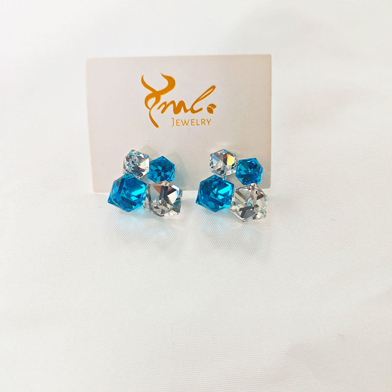 18K Gold Plated Zirconia Crystal Cluster Earrings - Blue & Clear Gems