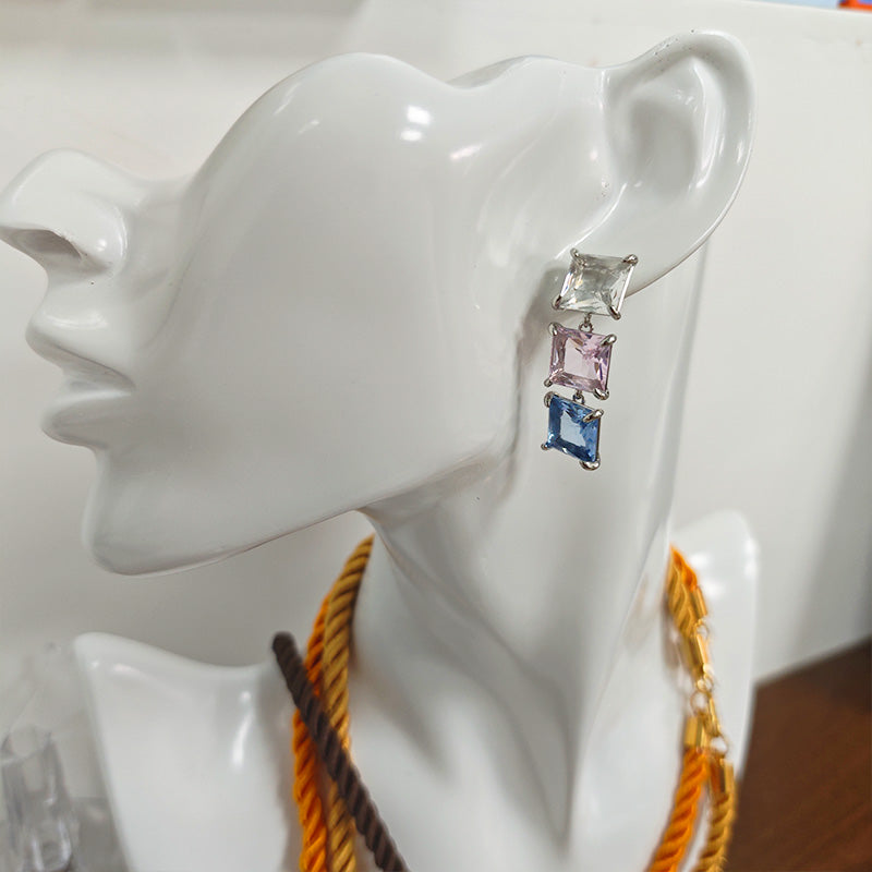 Colorful Zirconia Square Stud Earrings - Silver Plated Hypoallergenic Crystal Earrings