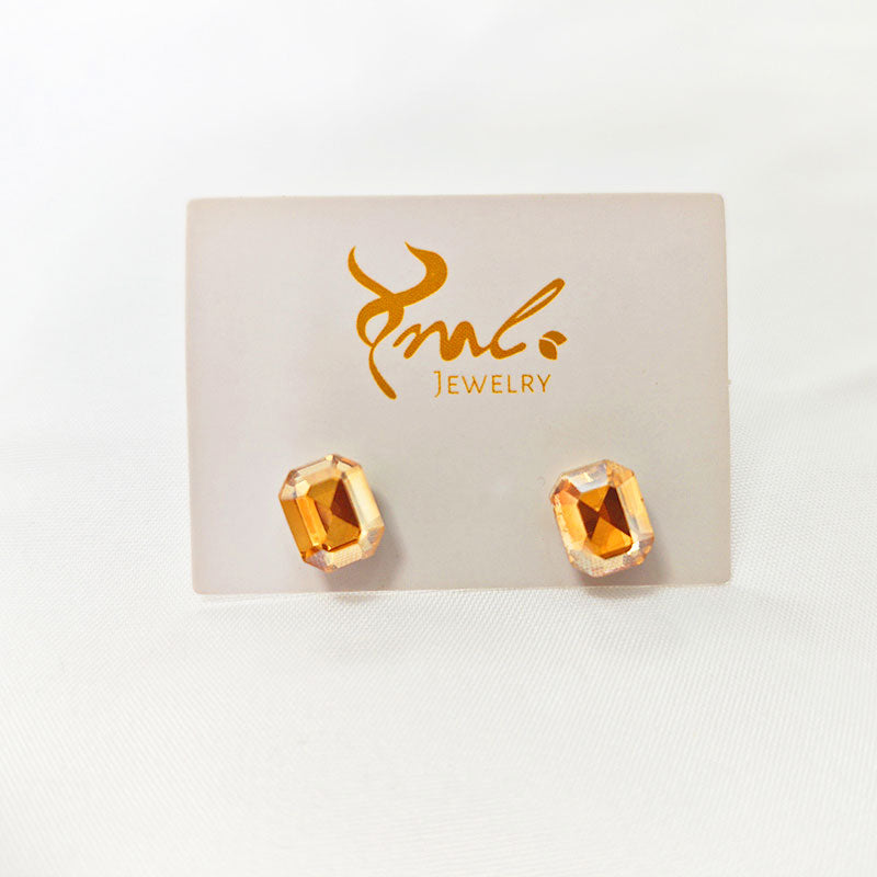 18K Gold Plated Amber Zirconia Stud Earrings - Octagon Cut Crystal