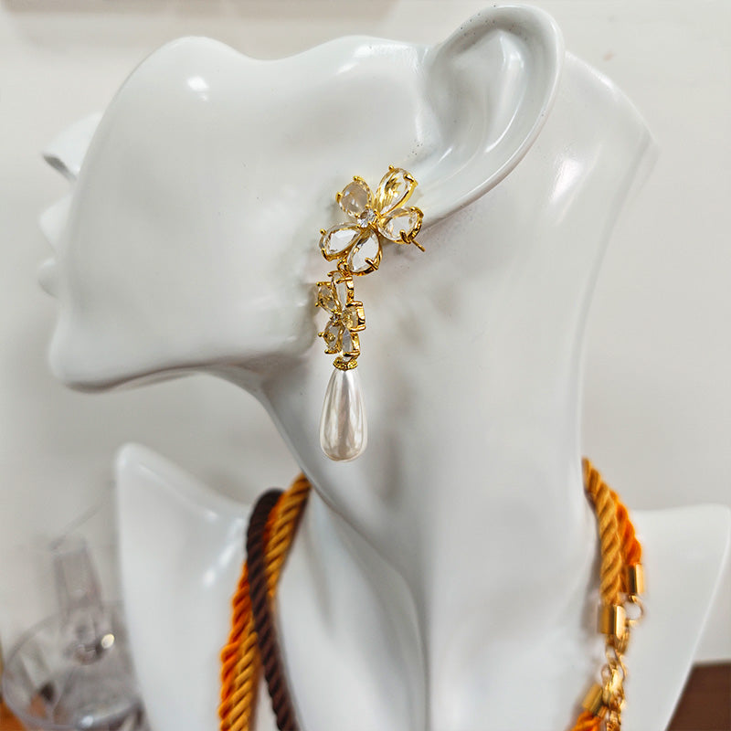 18K Gold Plated Floral Pearl Drop Earrings - Hypoallergenic 5A Zirconia Flower Dangle Earrings
