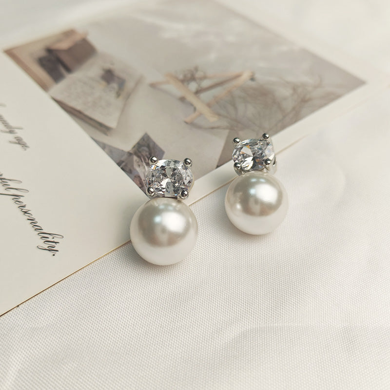 Hypoallergenic Crystal Pearl Stud Earrings - Silver Plated Copper with Brilliant Cut CZ