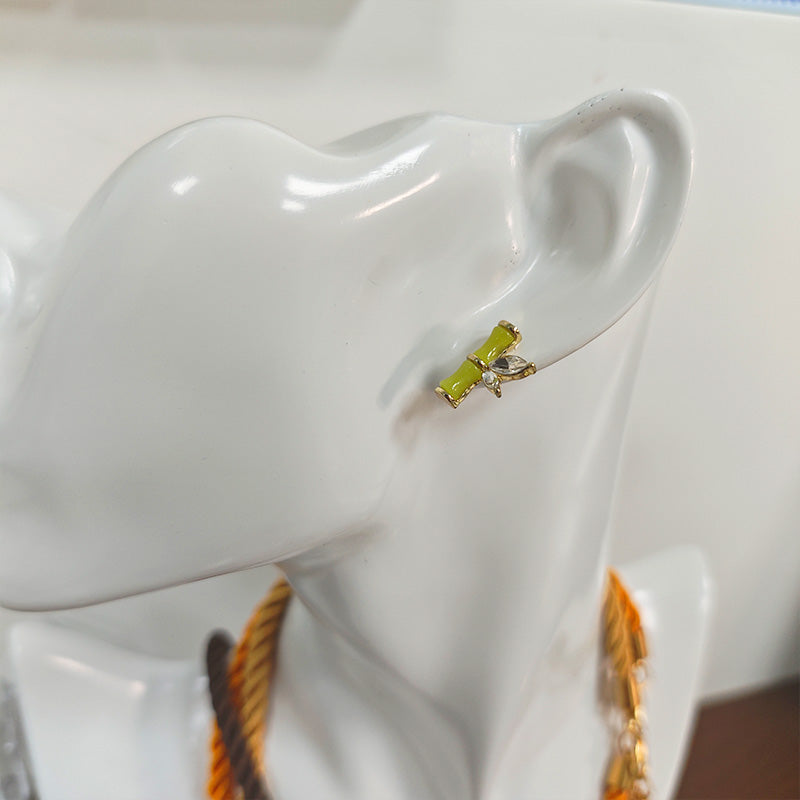 18K Gold Plated Bamboo Leaf Stud Earrings - 5A Zirconia Enamel Coating Hypoallergenic