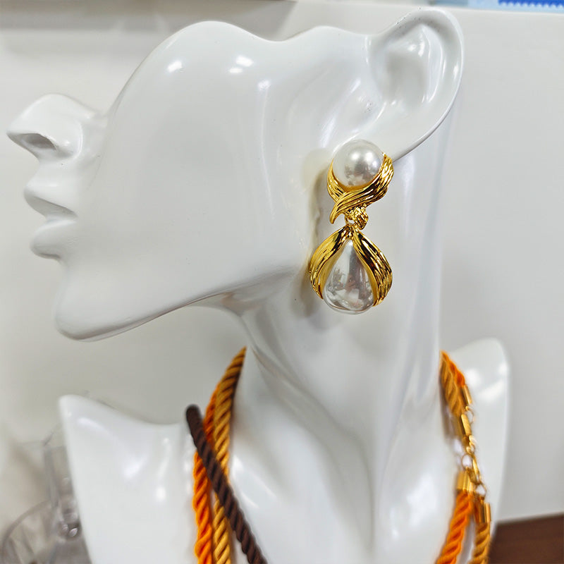 18K Gold Plated Double Pearl Drop Earrings - Hypoallergenic Elegant Statement Earrings