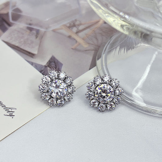 YIMILE New Sunflower Silver Color Plated. All-Occasion Wearables: Anti-Allergy, Waterproof, and Versatile Earrings, Brass Rhinestone Cluster Stud Suitable For Holiday Gift Giving