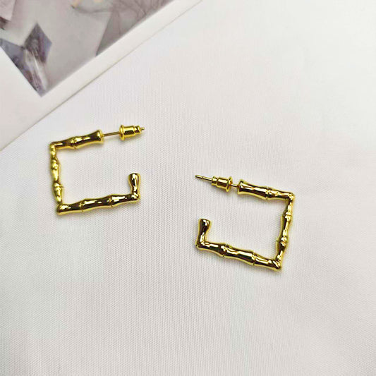 18K Gold Plated Bamboo Square Hoop Earrings - Hypoallergenic Geometric Design