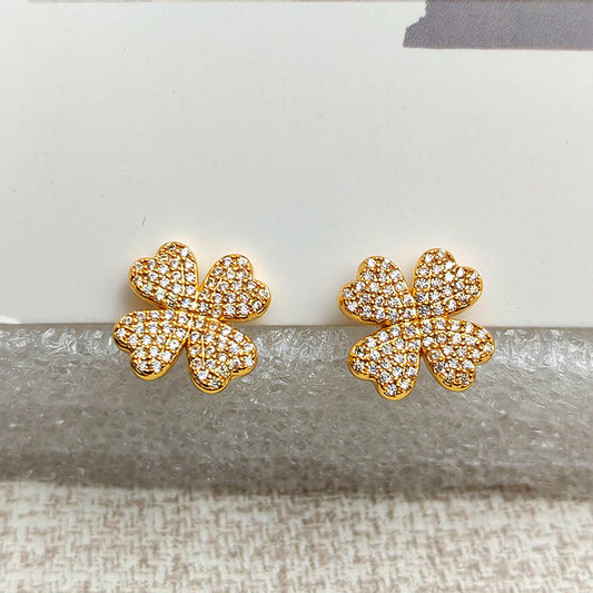 Luxury 18K Gold Plated Four Leaf Clover Earrings - Premium 5A Zirconia Studs | Hypoallergenic