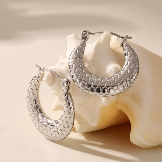 Stainless Steel Silver Fish Scale Pattern Circle Earrings Fashion Commuter Silver Plated Non Fading Steel Earrings All-Occasion Wearables: Anti-Allergy, Waterproof and Versatile Suitable For Holiday Gift Giving Earrings