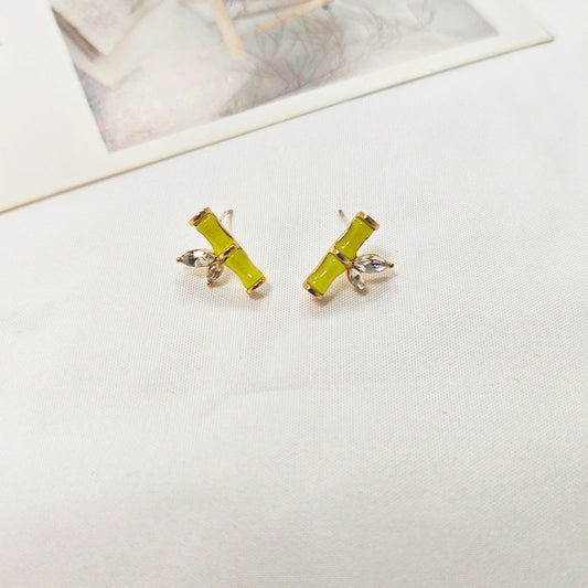 18K Gold Plated Bamboo Leaf Stud Earrings - 5A Zirconia Enamel Coating Hypoallergenic