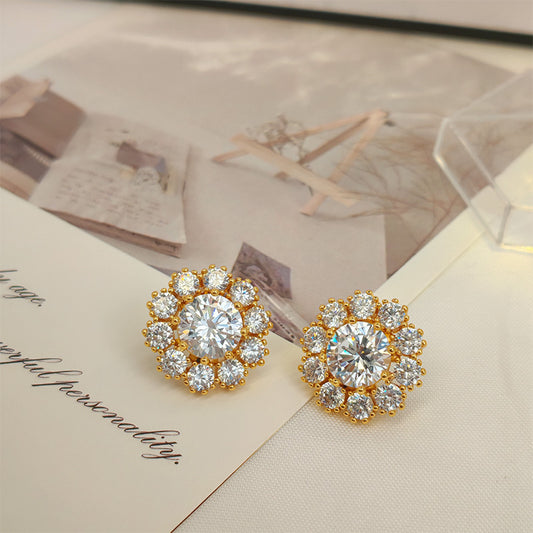 YIMILE New Sunflower 18K Golden Plated Earrings, Rhinestone Cluster Stud Amy Littleson Collection, Allergy Friendly