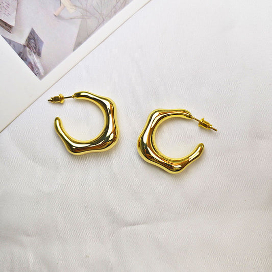 18K Gold Plated 3D Geometric Sculptural Hoop Earrings - Hypoallergenic Dimensional Design