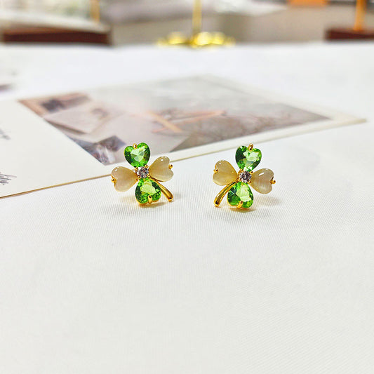 18K Gold Plated Clover Stud Earrings - Hypoallergenic 5A Zirconia Four Leaf Clover Earrings