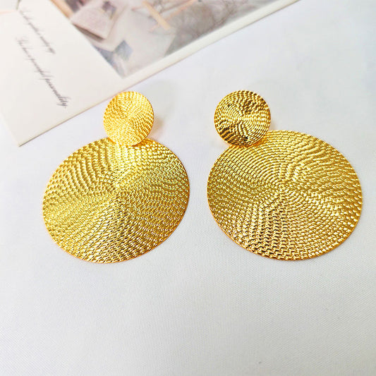 18K Gold Plated Textured Disc Drop Earrings - Hypoallergenic Lightweight Statement Earrings