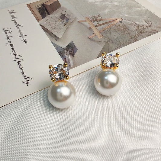 Vintage-Inspired Pearl Drop Earrings with Crown Crystal Setting - Gold Tone Elegant Studs