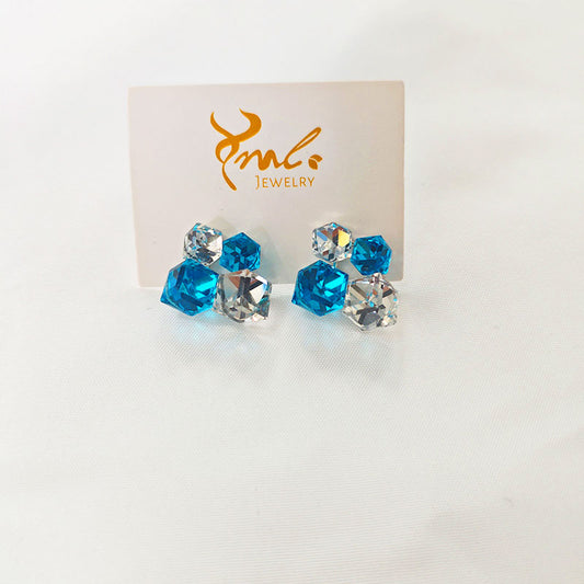 18K Gold Plated Zirconia Crystal Cluster Earrings - Blue & Clear Gems