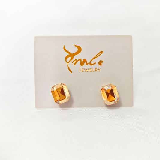 18K Gold Plated Amber Zirconia Stud Earrings - Octagon Cut Crystal