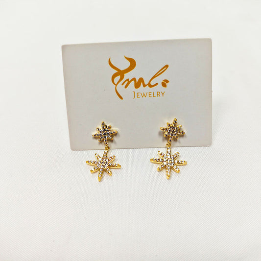 18K Gold Plated Star Drop Earrings - Double 5A Zirconia Celestial Design